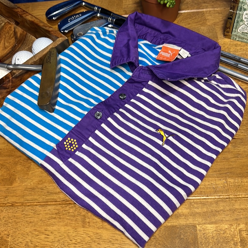 Puma polo purple blue white striped size medium